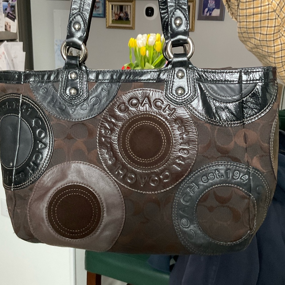 Coach Brown and Black Signature Circle Tote